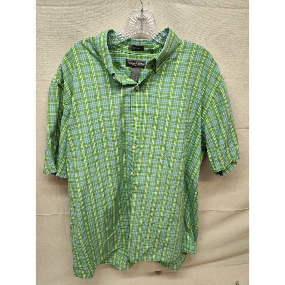 Saddlebred Mens XL Green Blue Plaid Short Sleeve‎ Button Down Easy Care Shirt